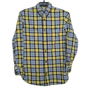 Duluth Trading Co Mens Free Swingin' Flannel Slim Fit Shirt Medium Yellow Blue
